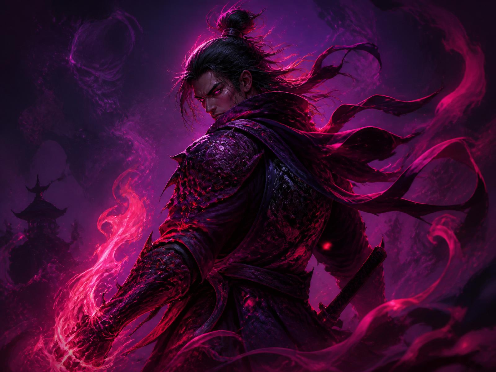 Painterly warrior with magenta energy — sample of Pear Pixels character art